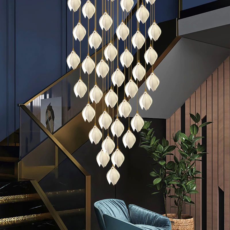 Pendant Light, Ceramic Flower Shades, Brass & White, G9 LED