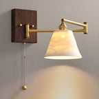 Wall Lamp, White Ceramic Shade, Brass & Walnut, E27, Pull Chain