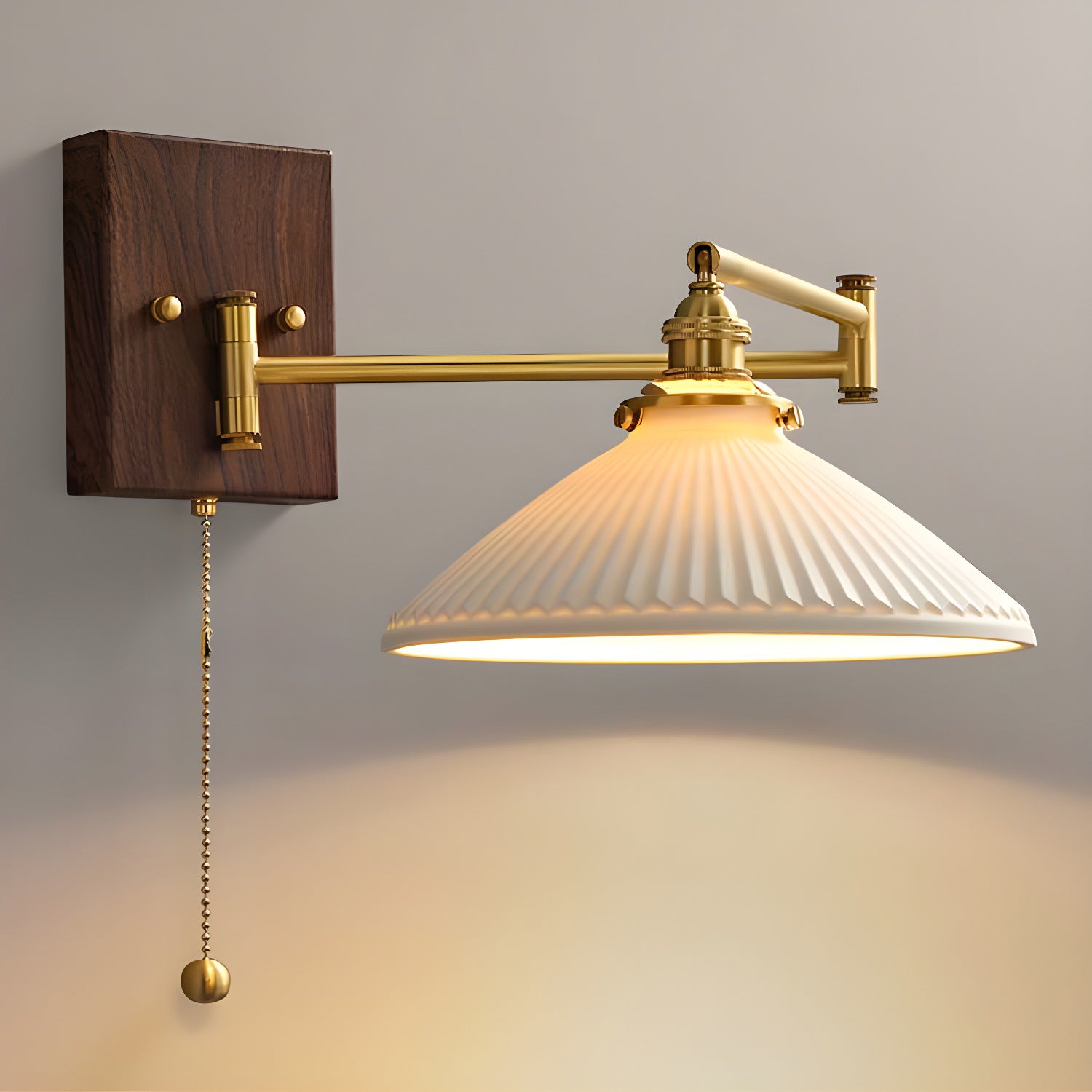 Wall Lamp, White Ceramic Shade, Brass & Walnut, E27, Pull Chain