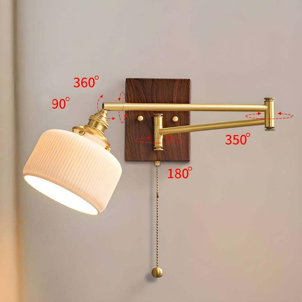 Wall Lamp, White Ceramic Shade, Brass & Walnut, E27, Pull Chain