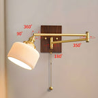 Wall Lamp, White Ceramic Shade, Brass & Walnut, E27, Pull Chain
