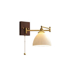 Wall Lamp, White Ceramic Shade, Brass & Walnut, E27, Pull Chain
