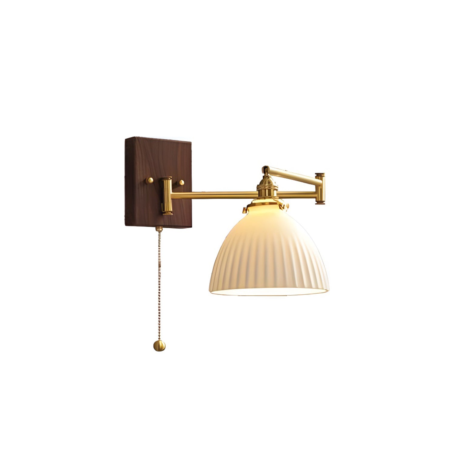 Wall Lamp, White Ceramic Shade, Brass & Walnut, E27, Pull Chain