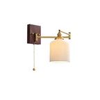 Wall Lamp, White Ceramic Shade, Brass & Walnut, E27, Pull Chain