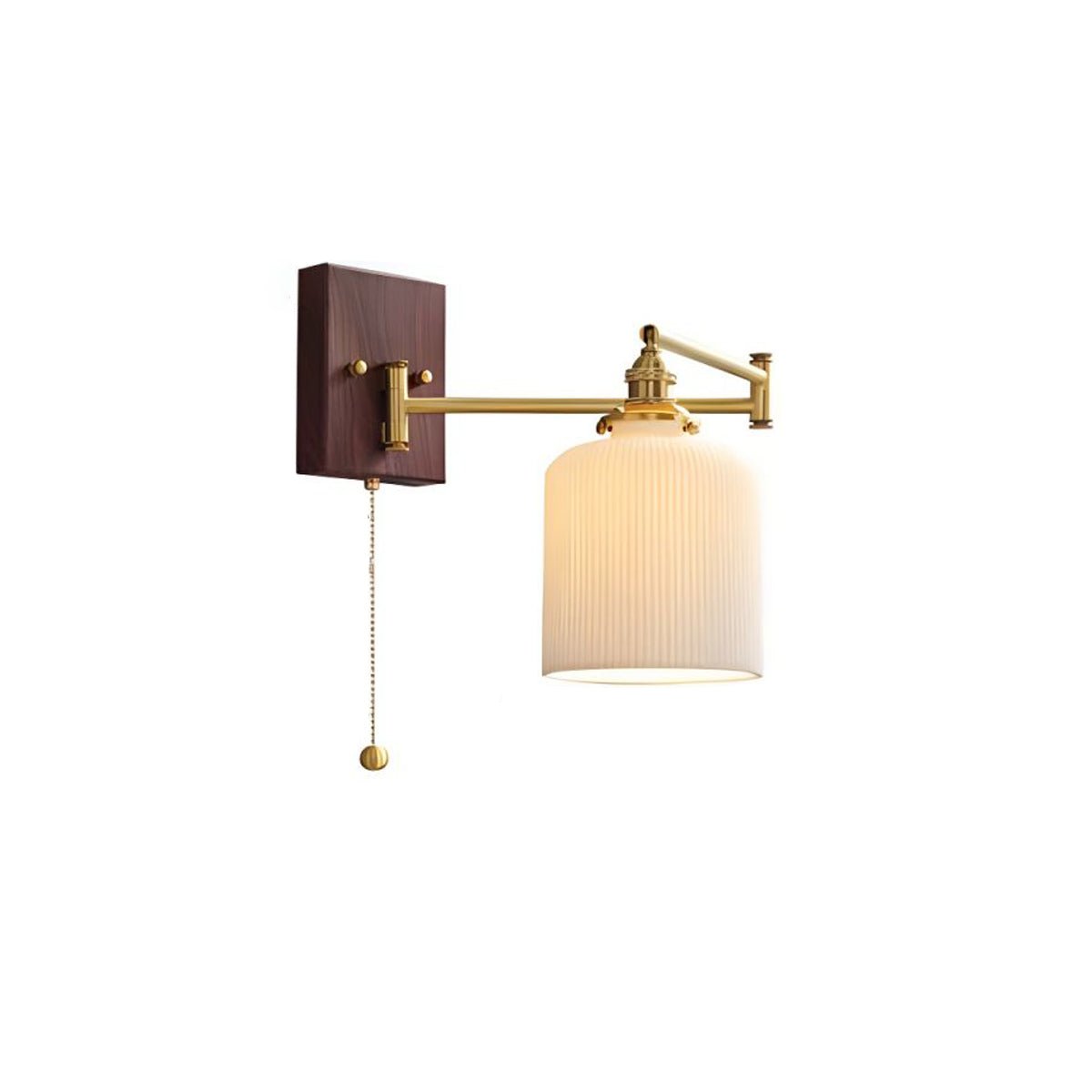 Wall Lamp, White Ceramic Shade, Brass & Walnut, E27, Pull Chain