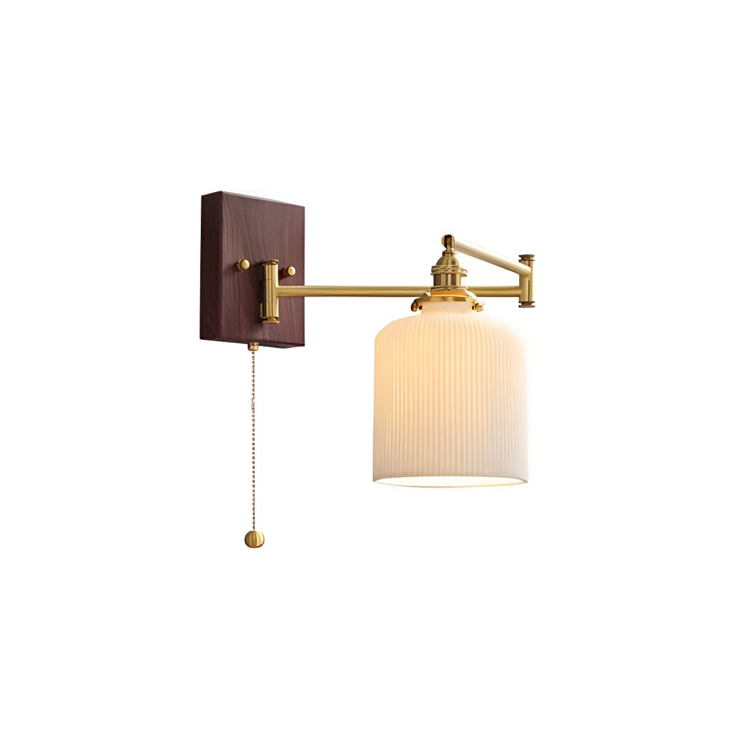 Wall Lamp, White Ceramic Shade, Brass & Walnut, E27, Pull Chain