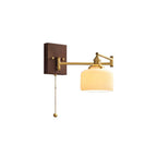 Wall Lamp, White Ceramic Shade, Brass & Walnut, E27, Pull Chain
