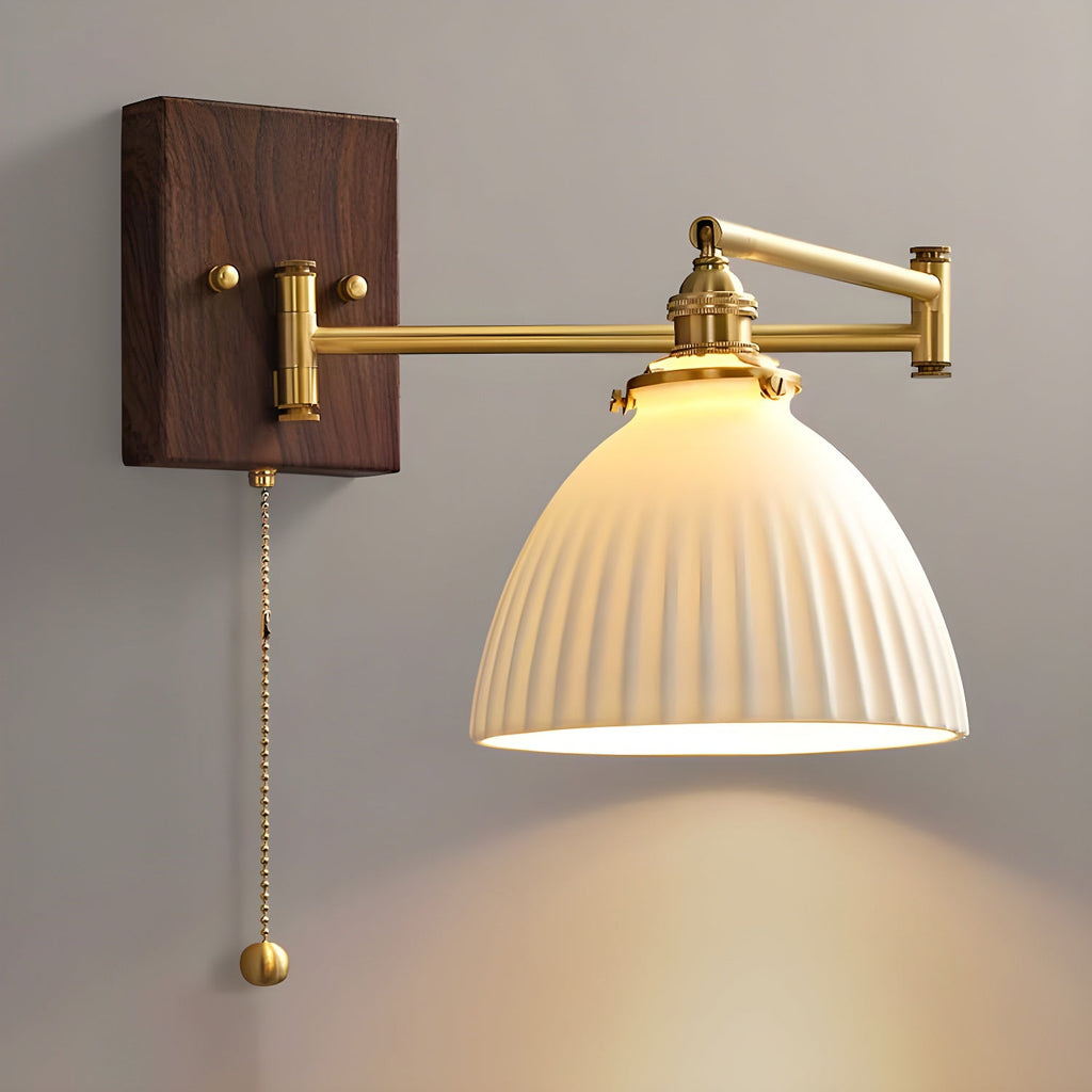 Wall Lamp, White Ceramic Shade, Brass & Walnut, E27, Pull Chain