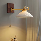 Wall Lamp, White Ceramic Shade, Brass & Walnut, E27, Pull Chain