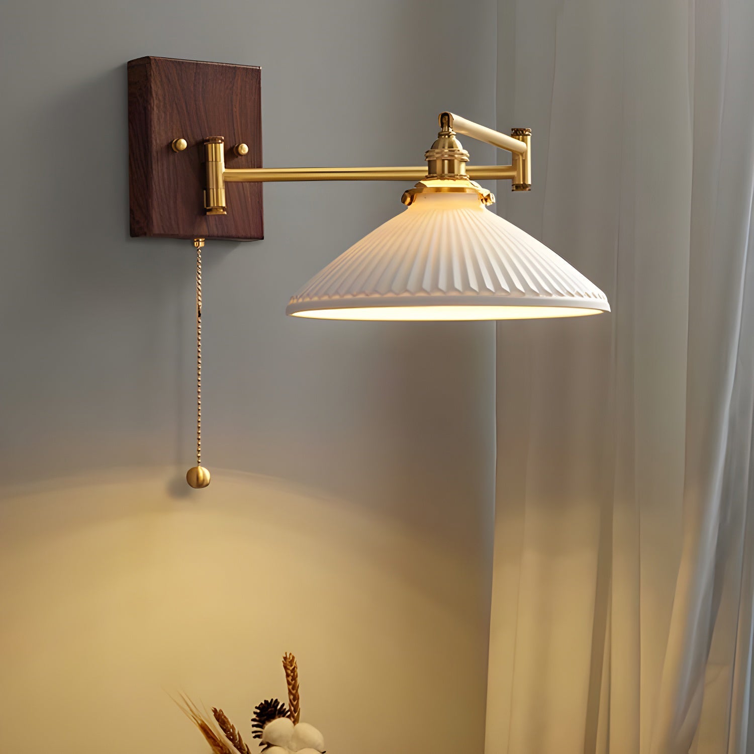 Wall Lamp, White Ceramic Shade, Brass & Walnut, E27, Pull Chain