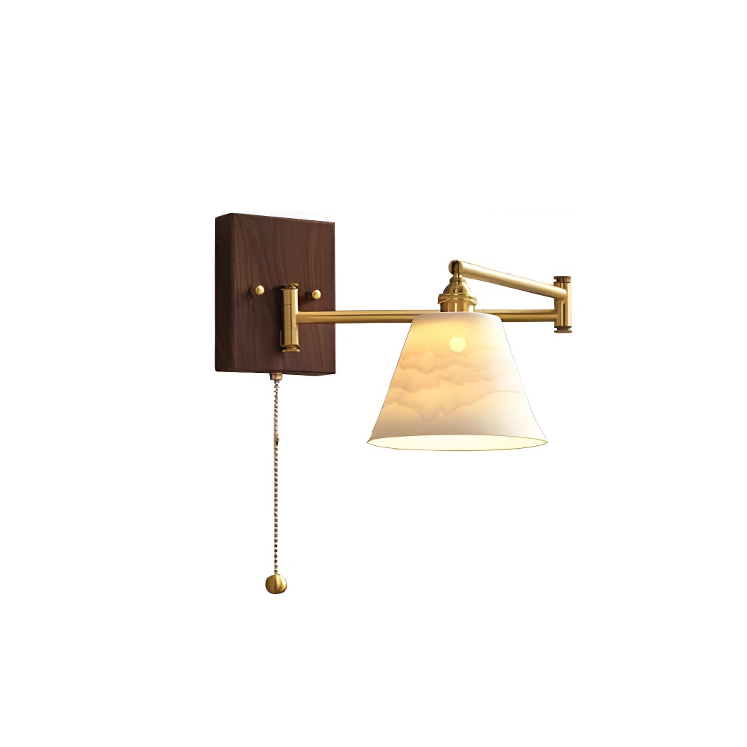 Wall Lamp, White Ceramic Shade, Brass & Walnut, E27, Pull Chain