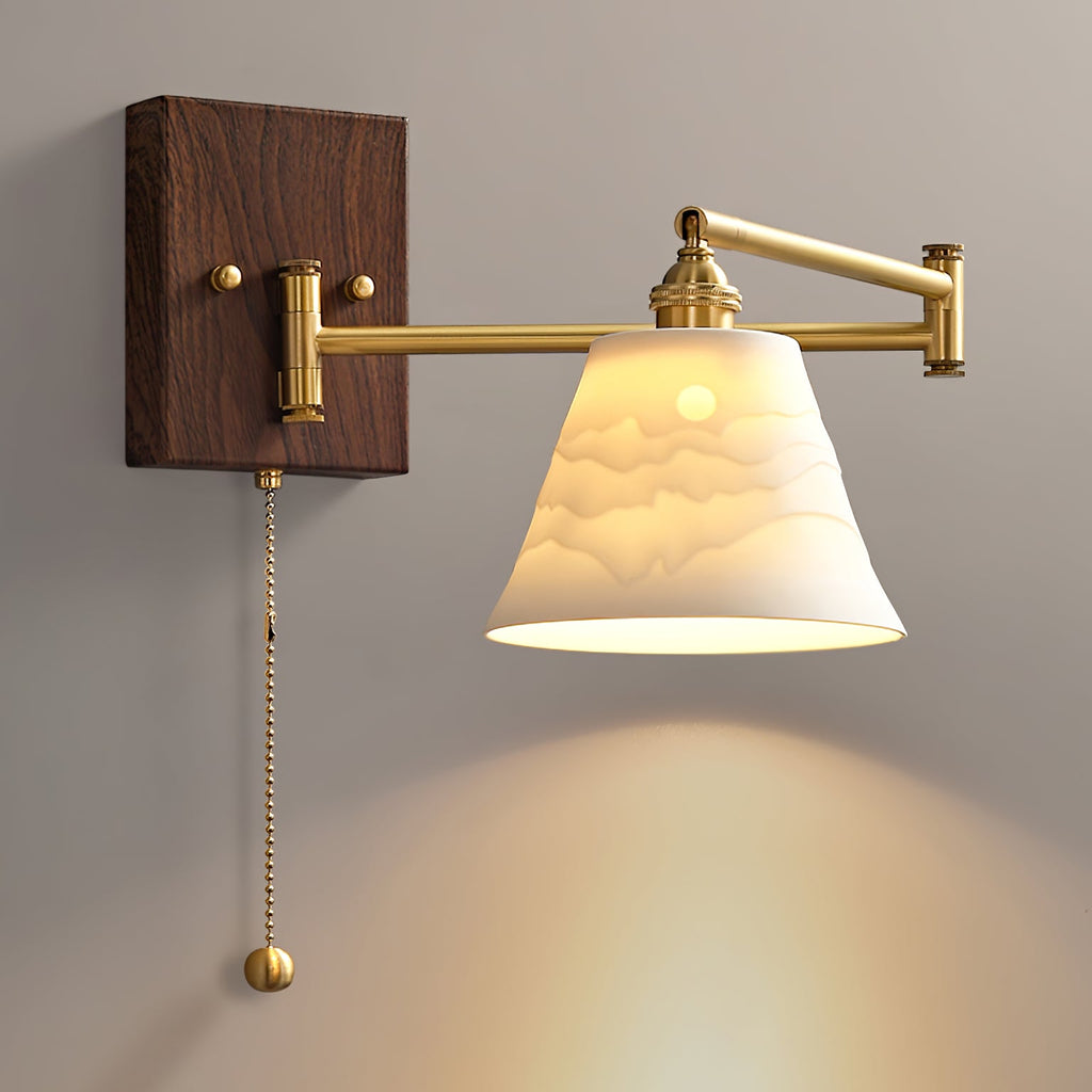 Sculptural white ceramic wall lamp with brass and walnut detail