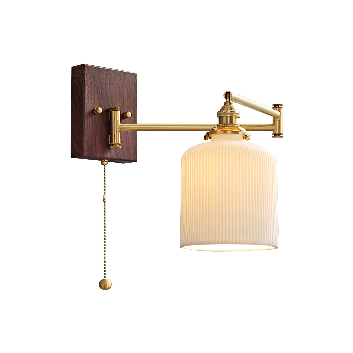 Wall Lamp, White Ceramic Shade, Brass & Walnut, E27, Pull Chain