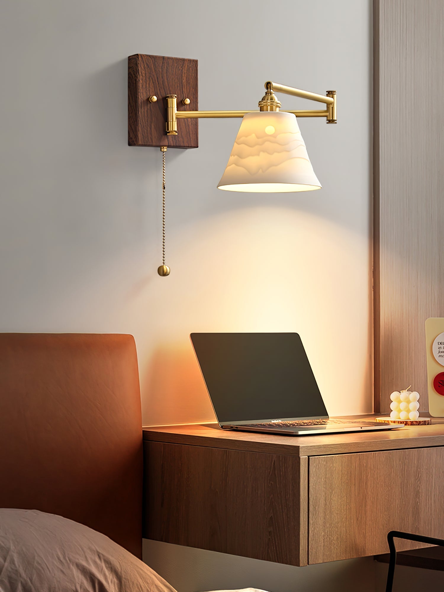 Wall Lamp, White Ceramic Shade, Brass & Walnut, E27, Pull Chain