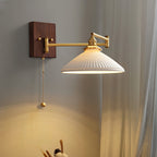 Wall Lamp, White Ceramic Shade, Brass & Walnut, E27, Pull Chain