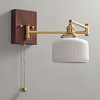 Wall Lamp, White Ceramic Shade, Brass & Walnut, E27, Pull Chain