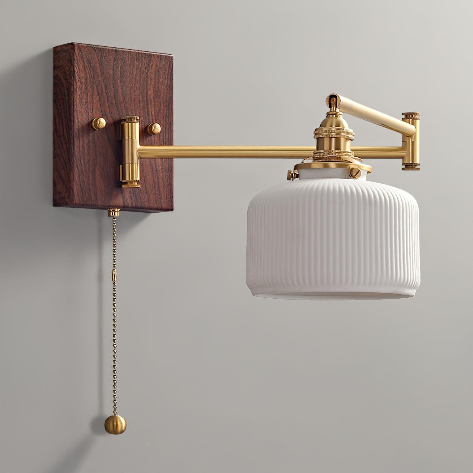 Wall Lamp, White Ceramic Shade, Brass & Walnut, E27, Pull Chain