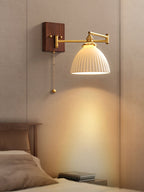 Wall Lamp, White Ceramic Shade, Brass & Walnut, E27, Pull Chain