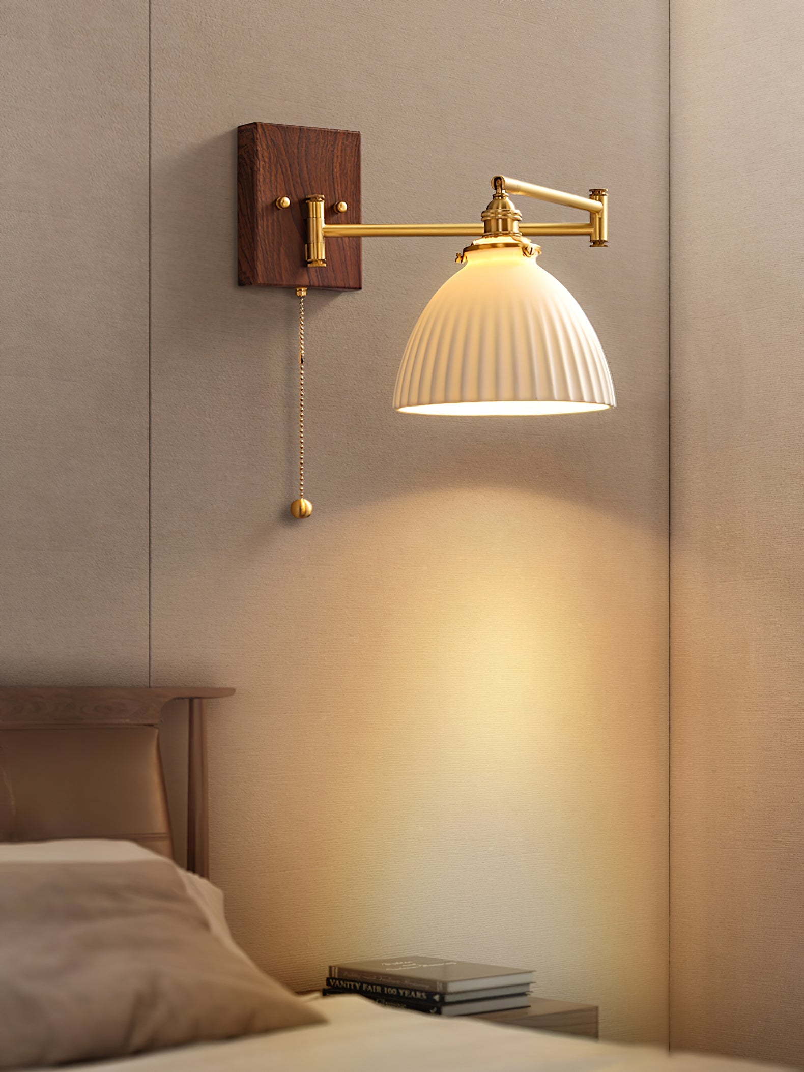 Wall Lamp, White Ceramic Shade, Brass & Walnut, E27, Pull Chain