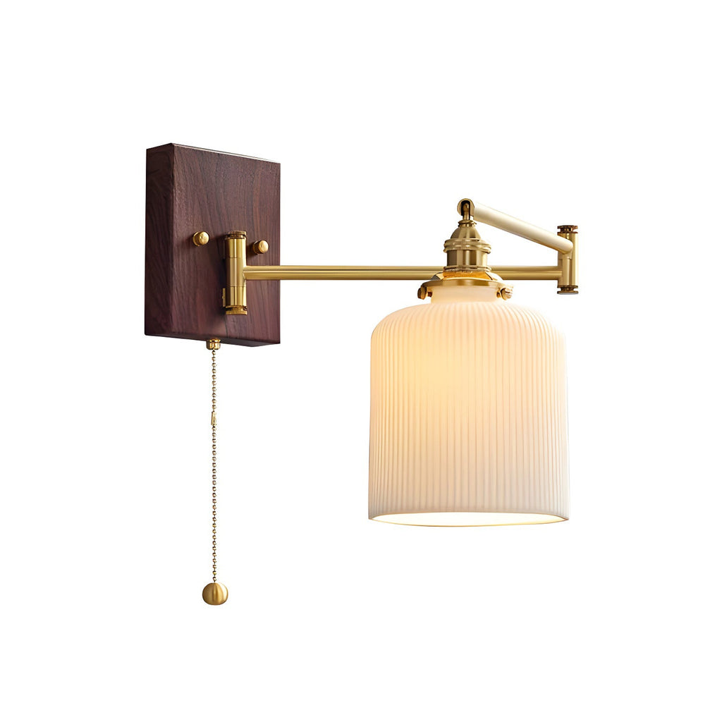 Wall Lamp, White Ceramic Shade, Brass & Walnut, E27, Pull Chain