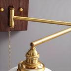 Wall Lamp, White Ceramic Shade, Brass & Walnut, E27, Pull Chain