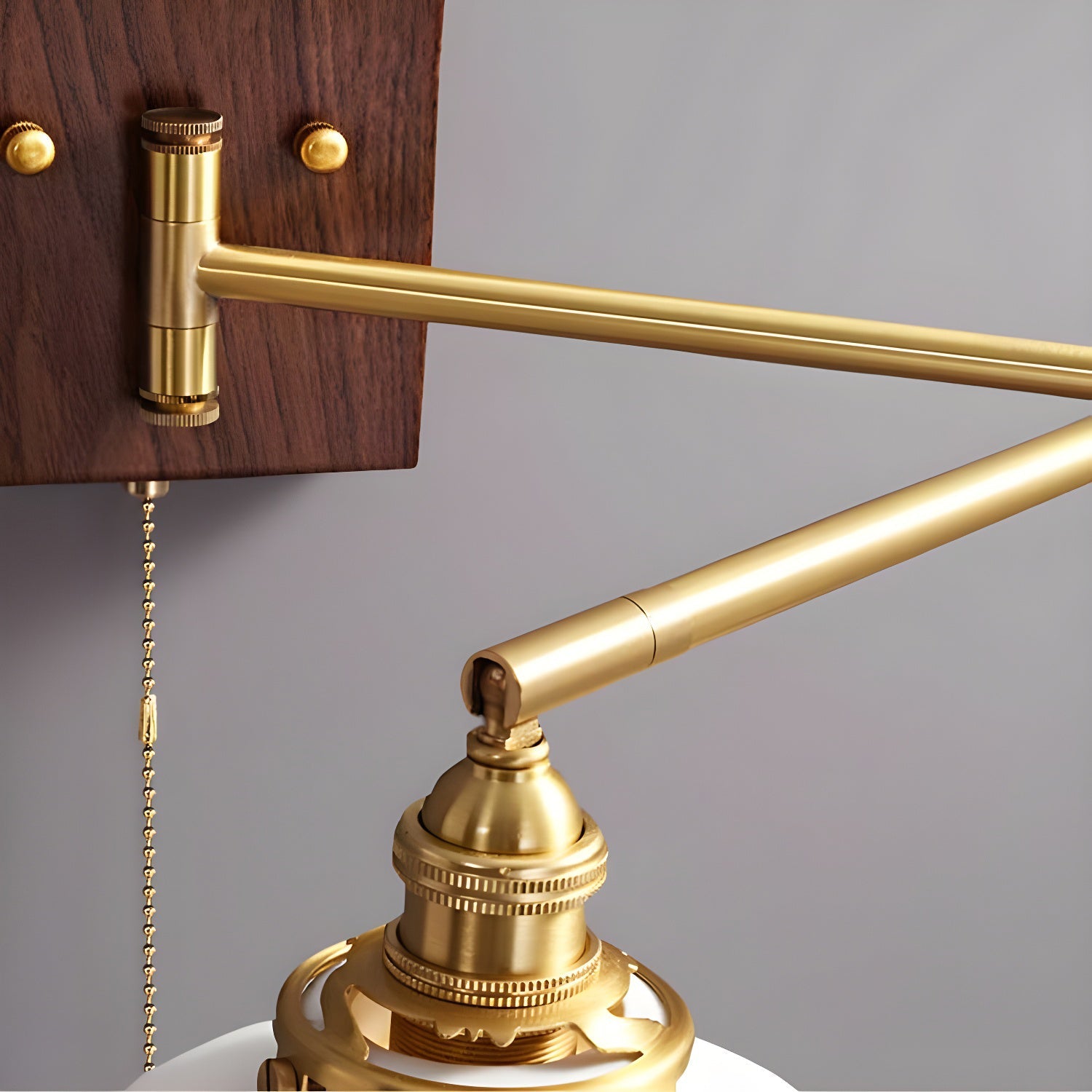 Wall Lamp, White Ceramic Shade, Brass & Walnut, E27, Pull Chain