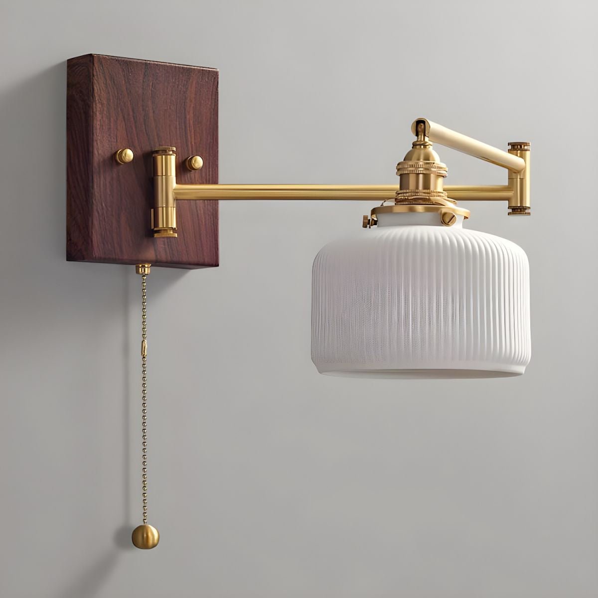 Wall Lamp, White Ceramic Shade, Brass & Walnut, E27, Pull Chain