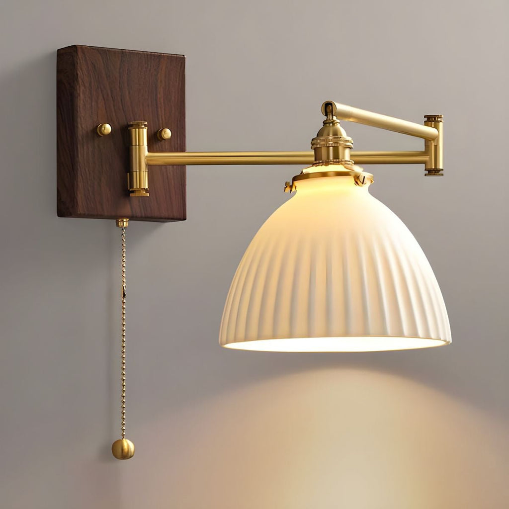 Wall Lamp, White Ceramic Shade, Brass & Walnut, E27, Pull Chain