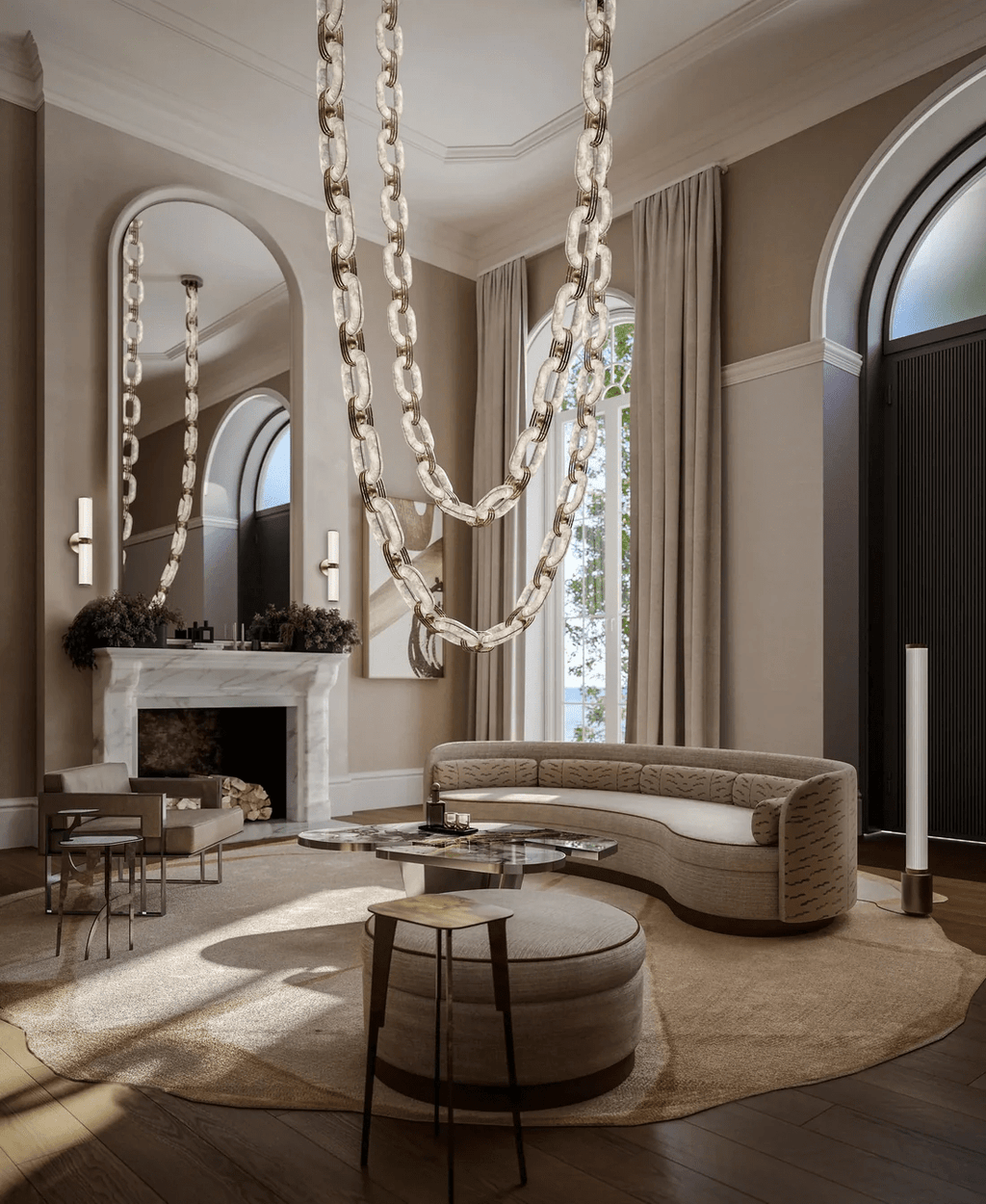 Full-height view of the alabaster chain chandelier in a beige lounge with arched windows
