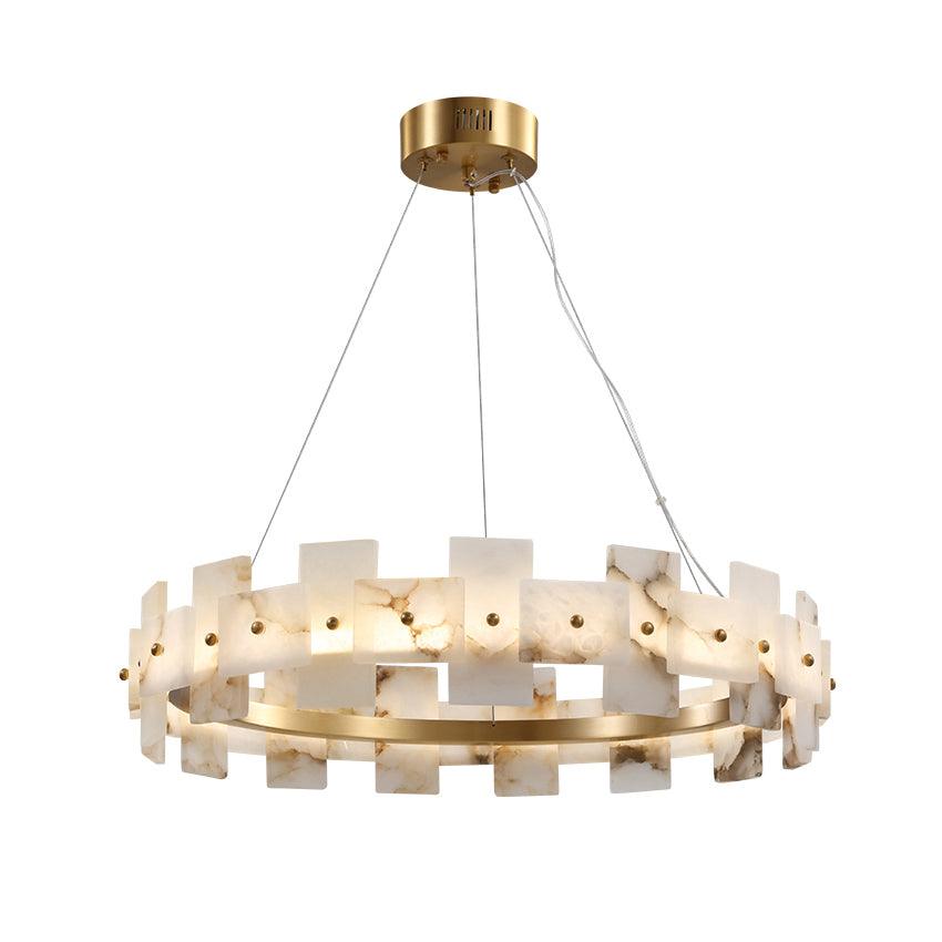 The ring chandelier straight on, alabaster tiles stepped around the polished brass band.