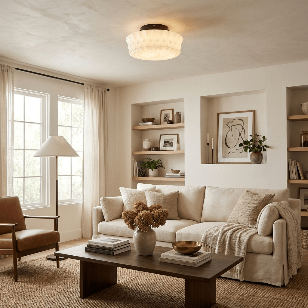 Ceiling light with black frame and beige glass shades product view