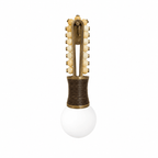 Two rows of pale agate beads run down the brass frame of this Clérachic wall light, ending at a dark ribbed collar and a round frosted globe at its base.
