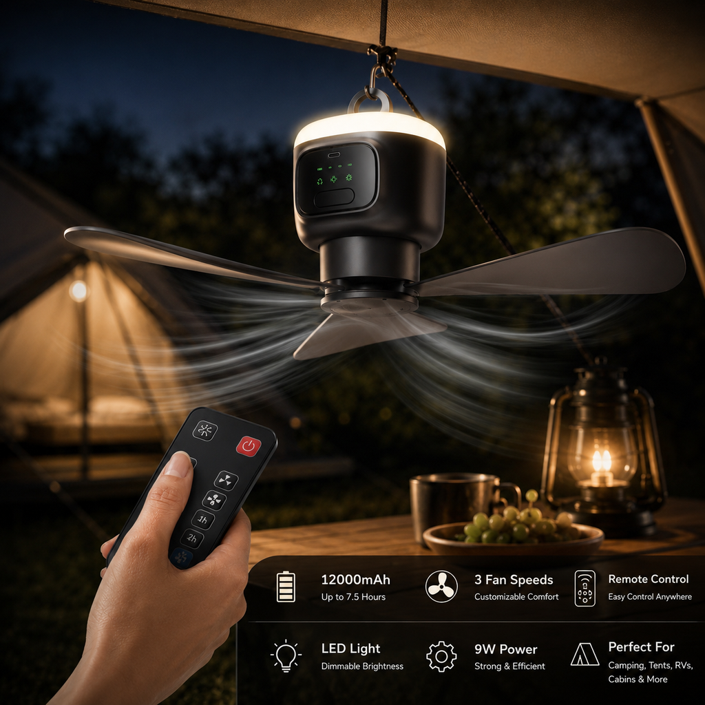 Rechargeable Camping Fan with LED Light, 12000mAh, Remote and 3 Speeds