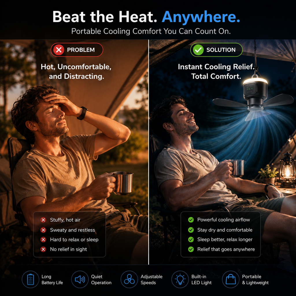 Rechargeable Camping Fan with LED Light, 12000mAh, Remote and 3 Speeds