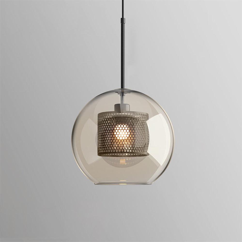 Sphere glass pendant light in black with clear glass shade lit