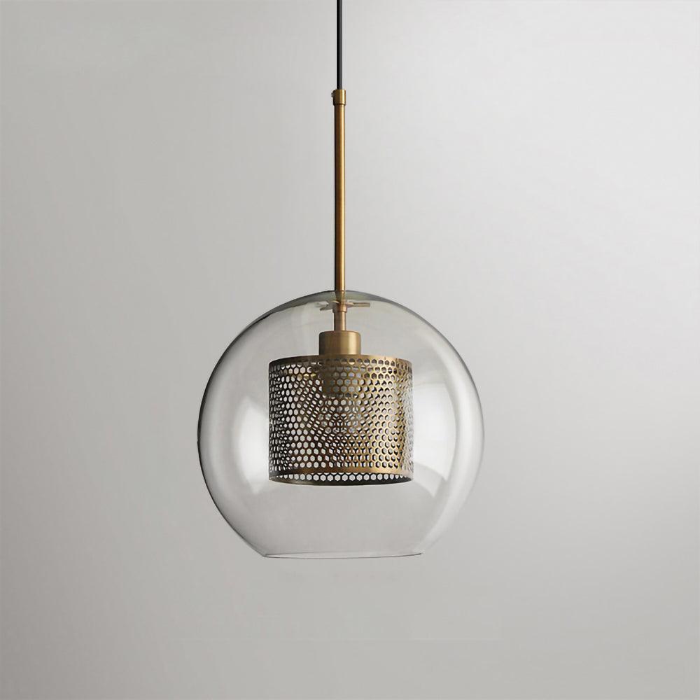 Sphere glass pendant light in copper with clear glass shade lit