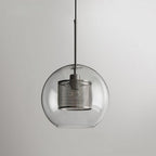 Sphere glass pendant light in silver with clear glass shade lit