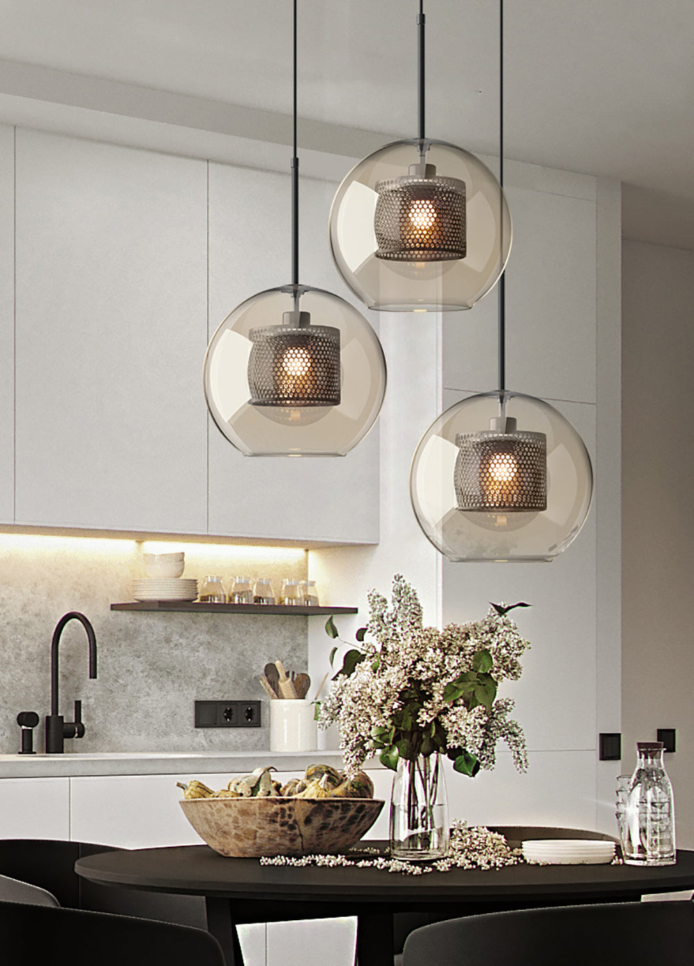 Pendant Light, Chiswick Glass, Copper Silver Black, E27 Cluster