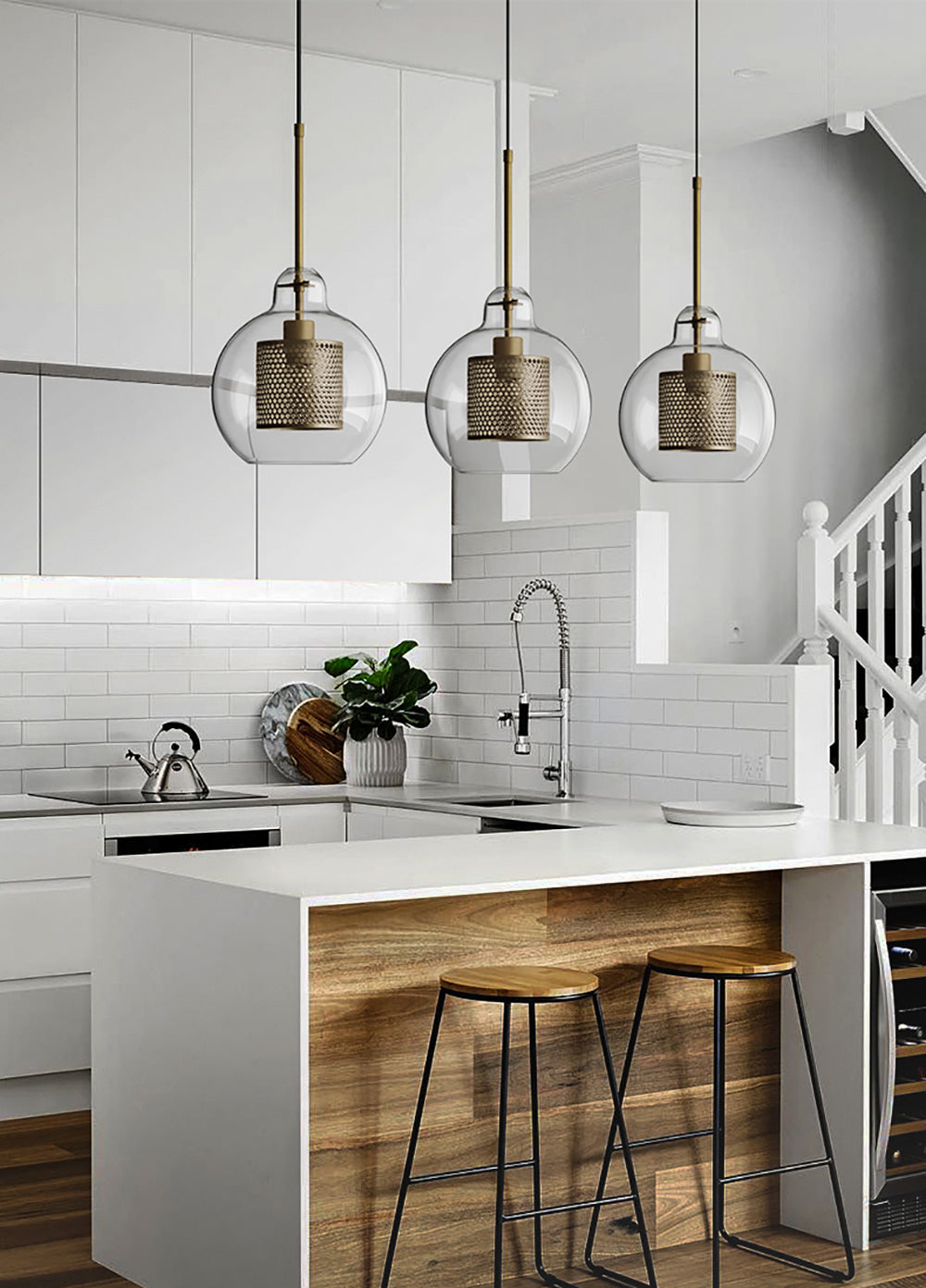 Pendant Light, Chiswick Glass, Copper Silver Black, E27 Cluster