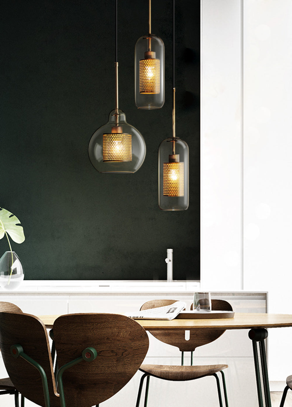 Pendant Light, Chiswick Glass, Copper Silver Black, E27 Cluster