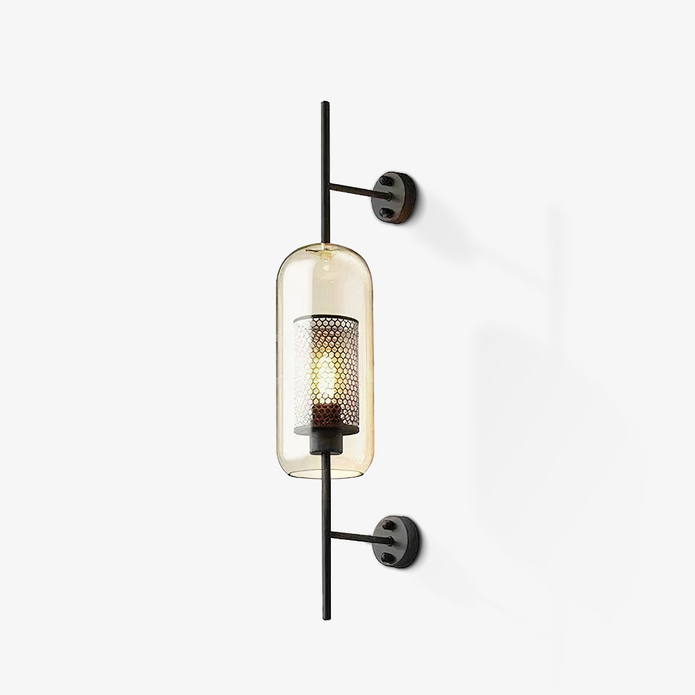 Glass wall light with metal stem shown against a neutral wall