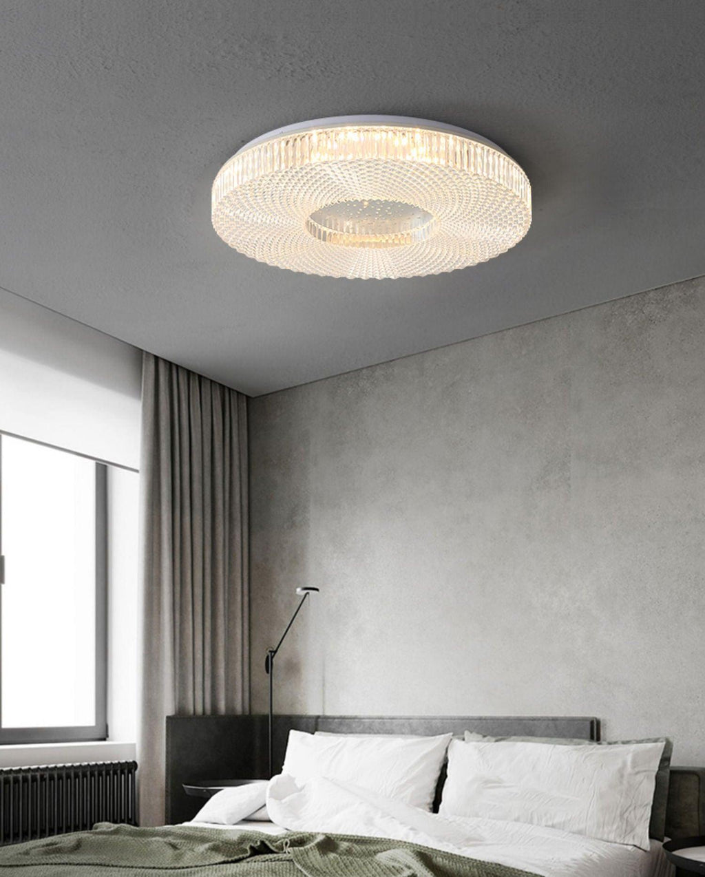 Cimona flush mount ceiling light lit in a living space