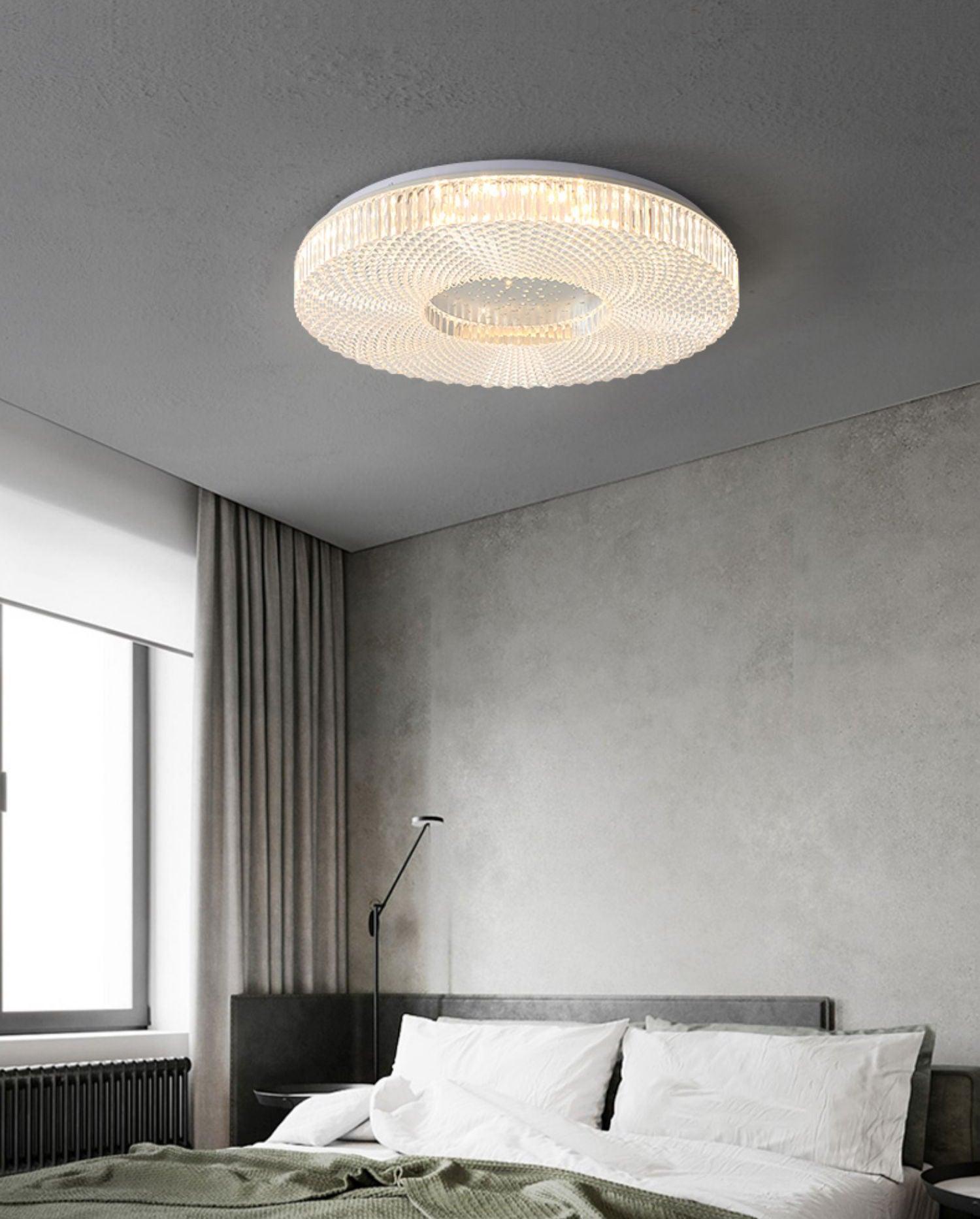 Cimona flush mount ceiling light lit in a living space