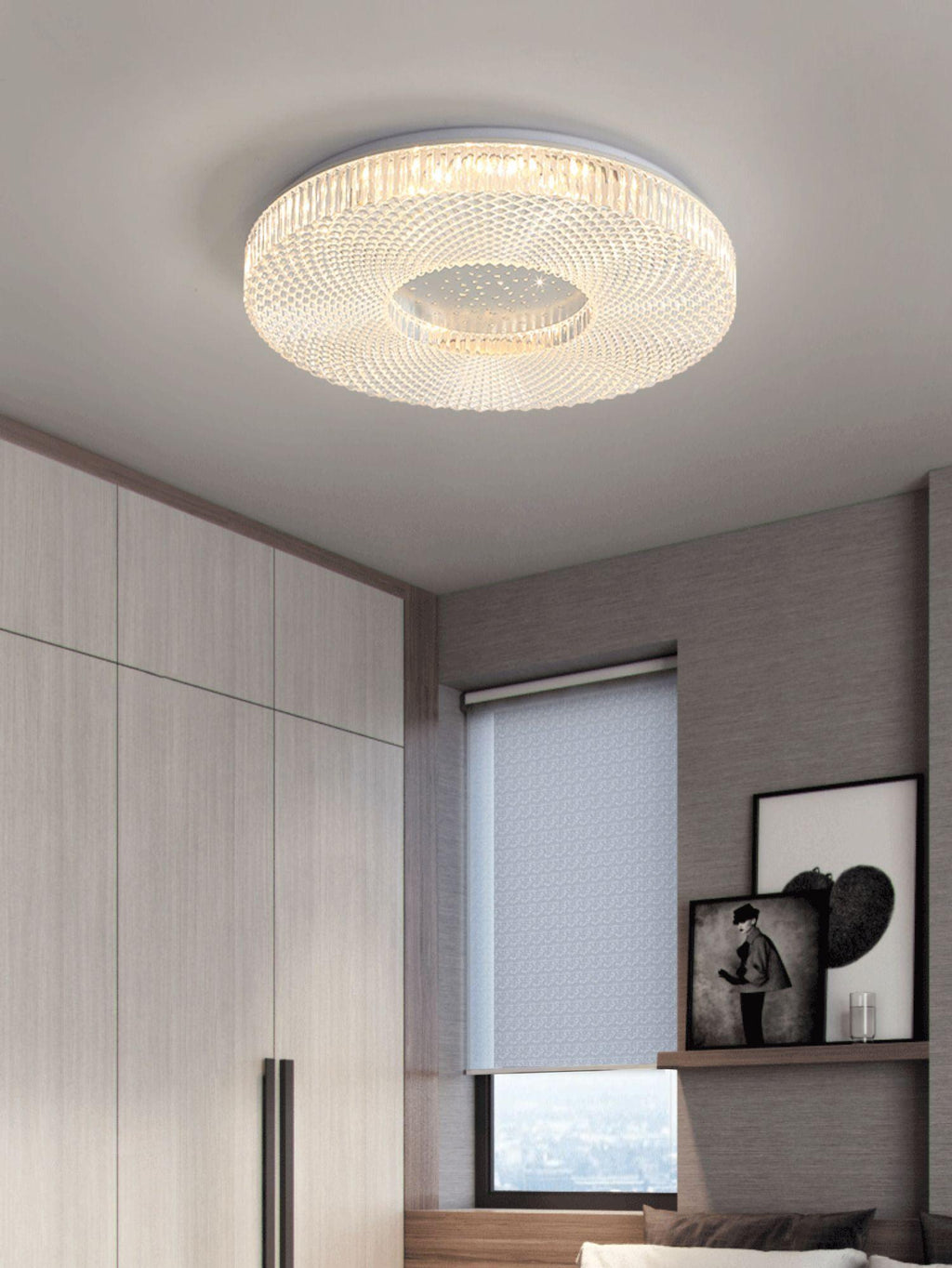 Cimona flush mount ceiling light glowing with warm light