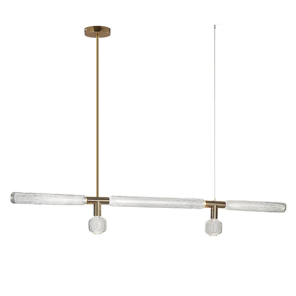 Etched glass rods and a round disc form this Clérachic pendant, mounted on a brass stem.