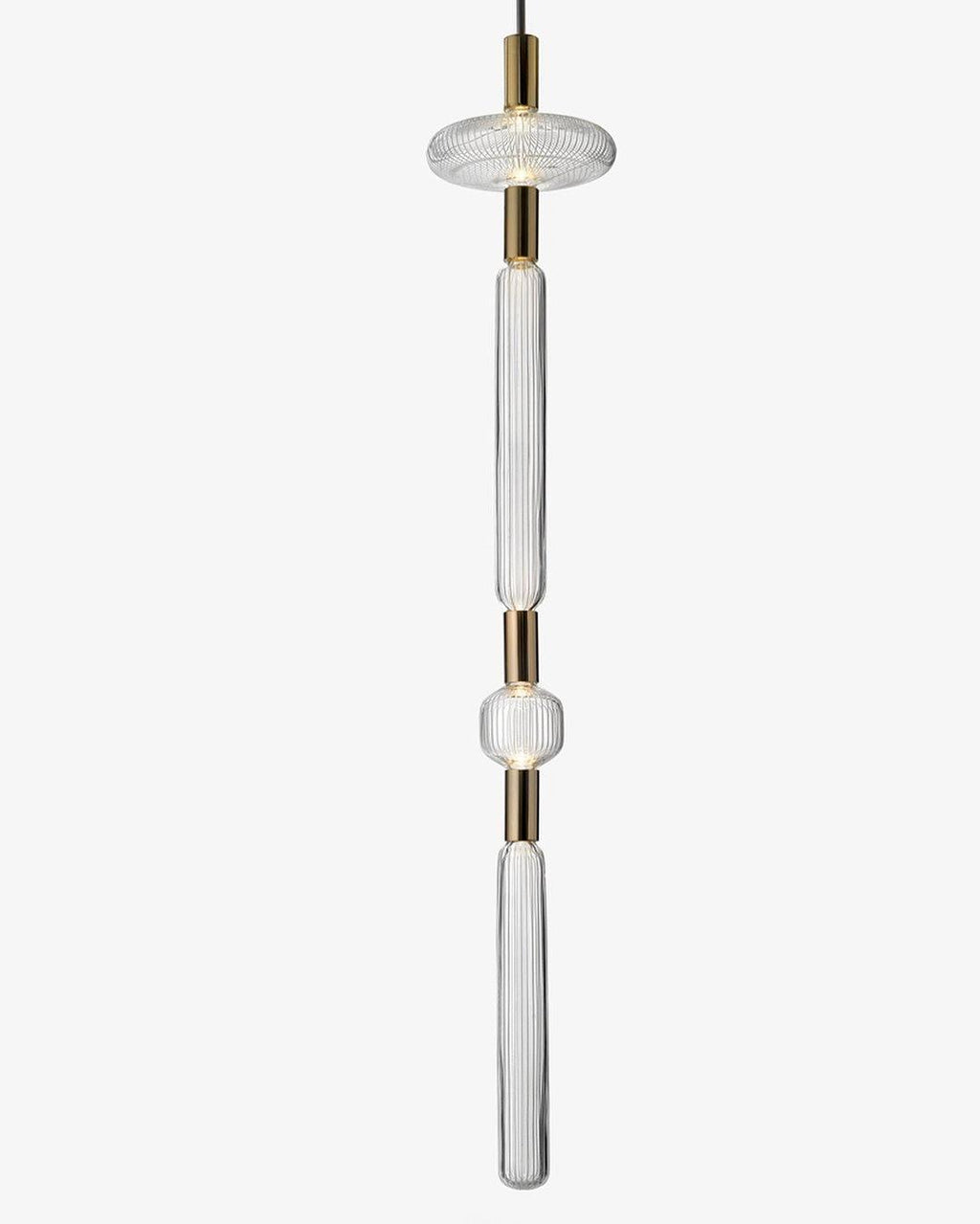This Clérachic pendant shows a ribbed glass finial and cylinder joined by champagne-gold connectors.