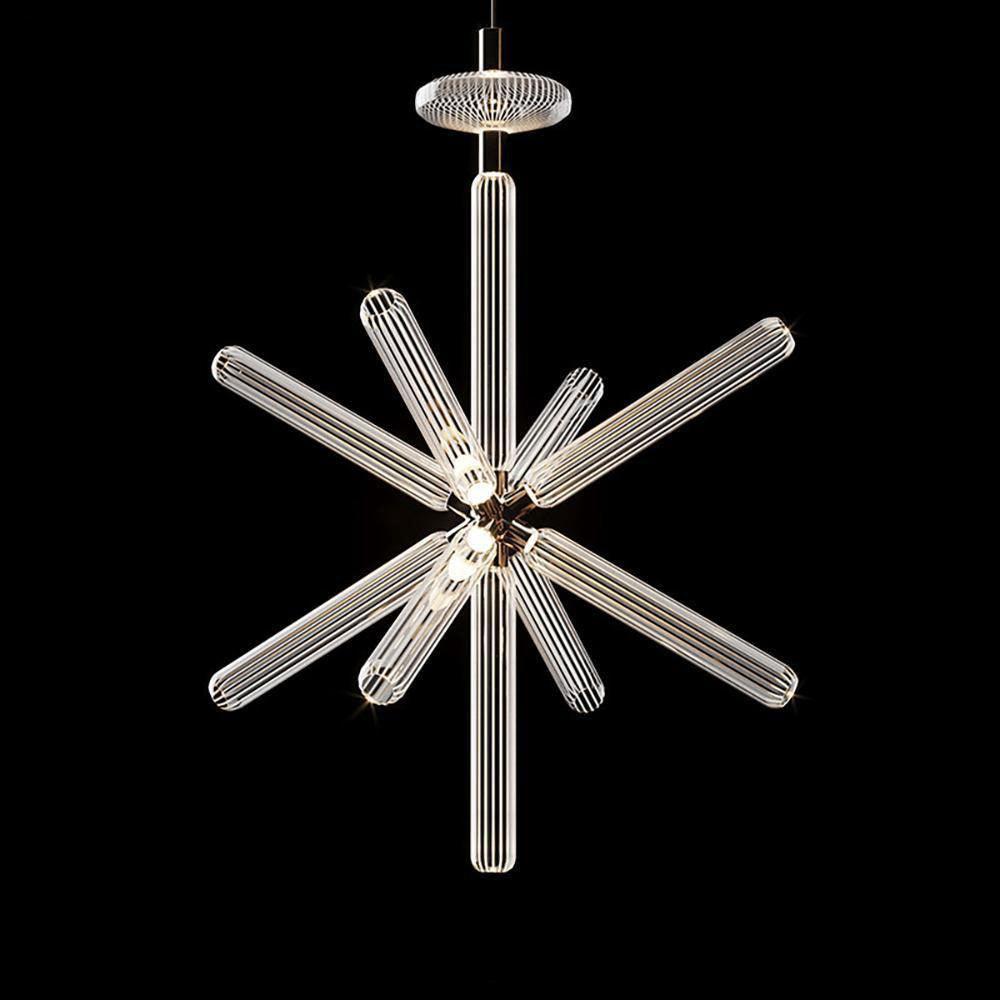 Crystal rods burst beneath a round disc cap on this lit Clérachic pendant, against black.