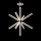 Crystal rods burst beneath a round disc cap on this lit Clérachic pendant, against black.