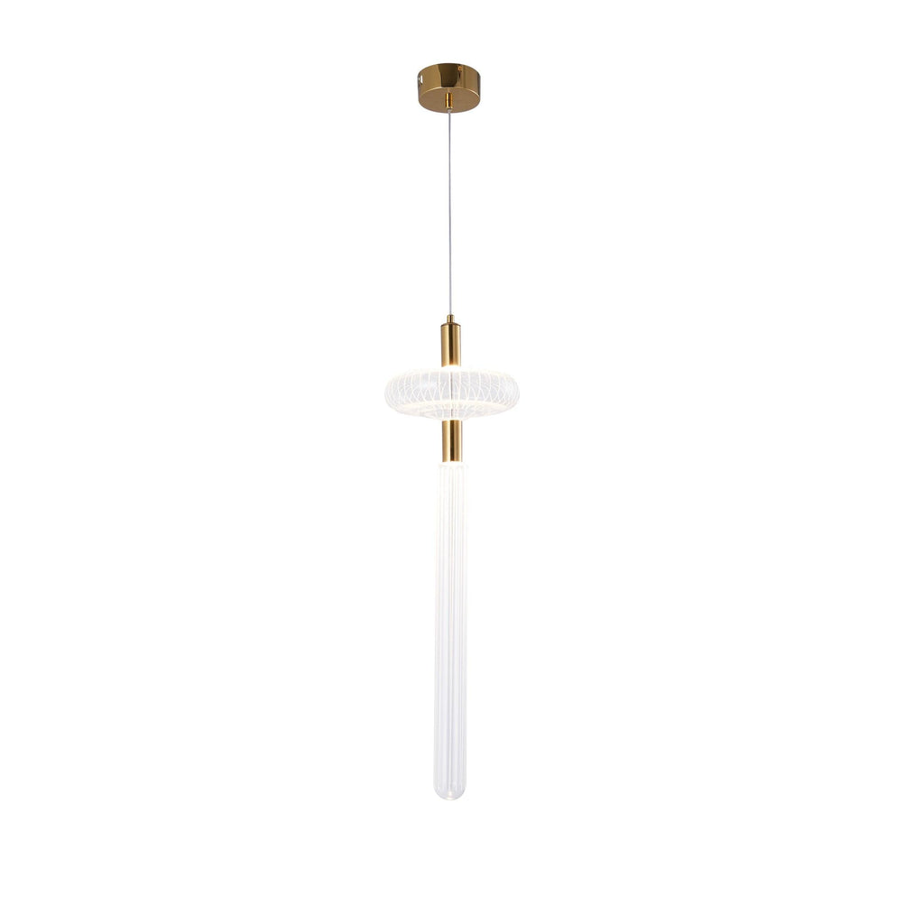 This Clérachic pendant pairs a slim gold rod with a fluted glass cylinder, shown on a plain backdrop.