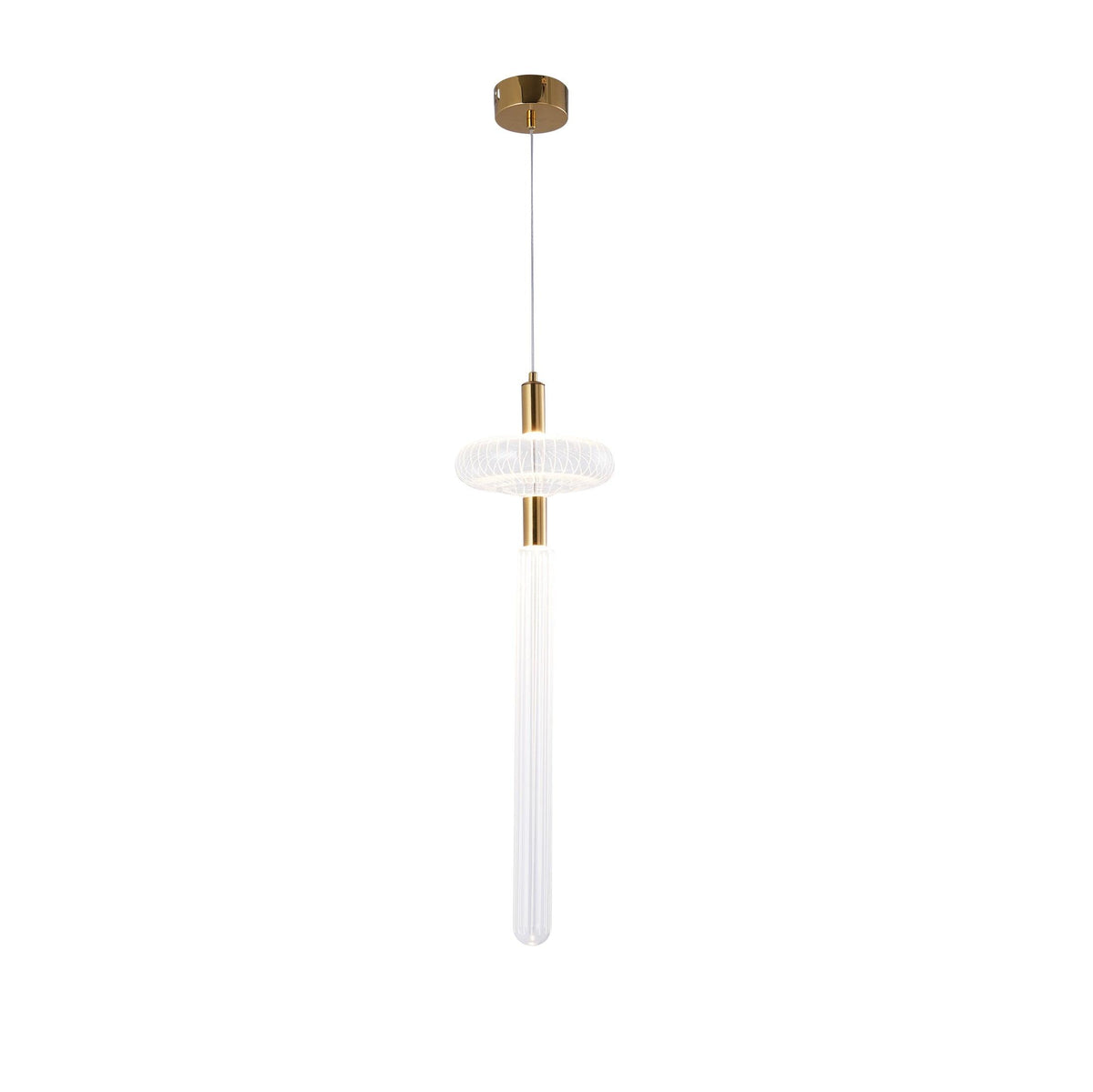 This Clérachic pendant pairs a slim gold rod with a fluted glass cylinder, shown on a plain backdrop.